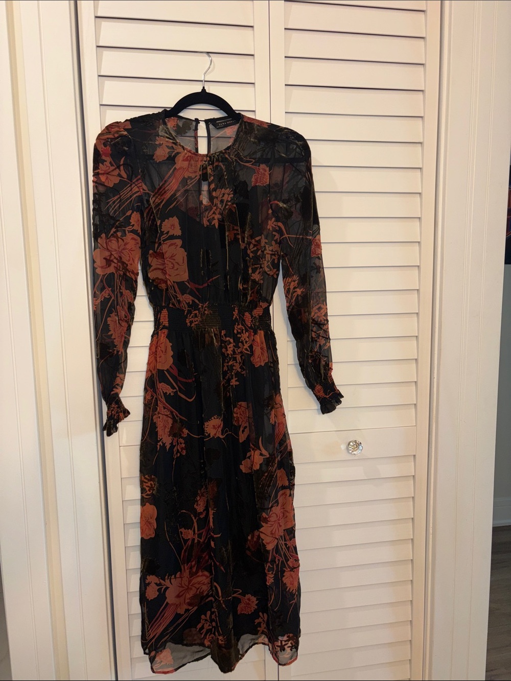 Zara Black Long-Sleeve Floral Midi Dress with Rust Blooms